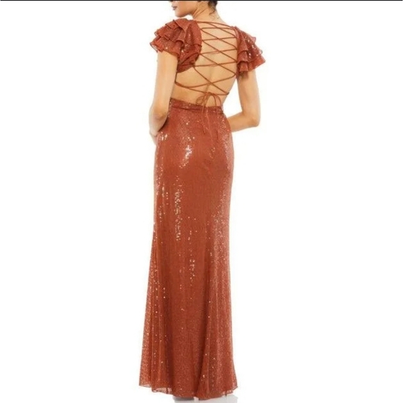 Mac Duggal, Sequined Ruffled Cut-out Lace-up‎ Gown, Brick, Size 2 - NWOT - Picture 1 of 16